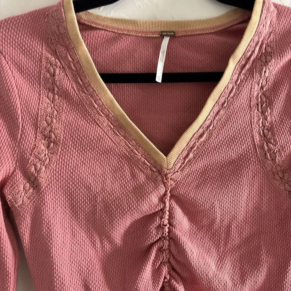 Free People $98 Wear Me Out Rose Thermal Shirt Top XSmall Boho Cottagecore